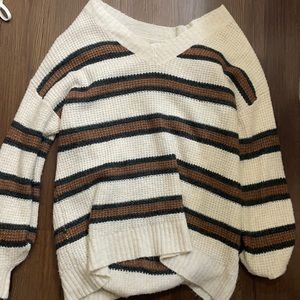 American Eagle cream sweater with navy and brown stripes